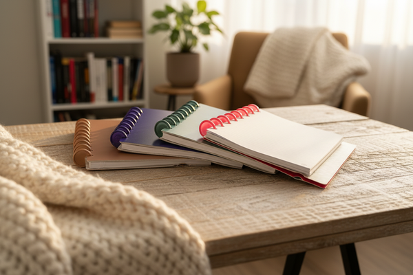 Plusieurs carnets Mylibup empilés en éventail (camel, marine, vert, rouge) sur une table en bois, montrant le vrai mécanisme à crochets, dans un salon cosy avec bibliothèque et plante