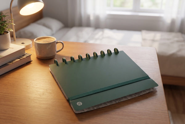 Carnet Mylibup vert fermé posé sur un bureau d'étudiant, avec une lampe allumée, une tasse de café, des livres et une plante