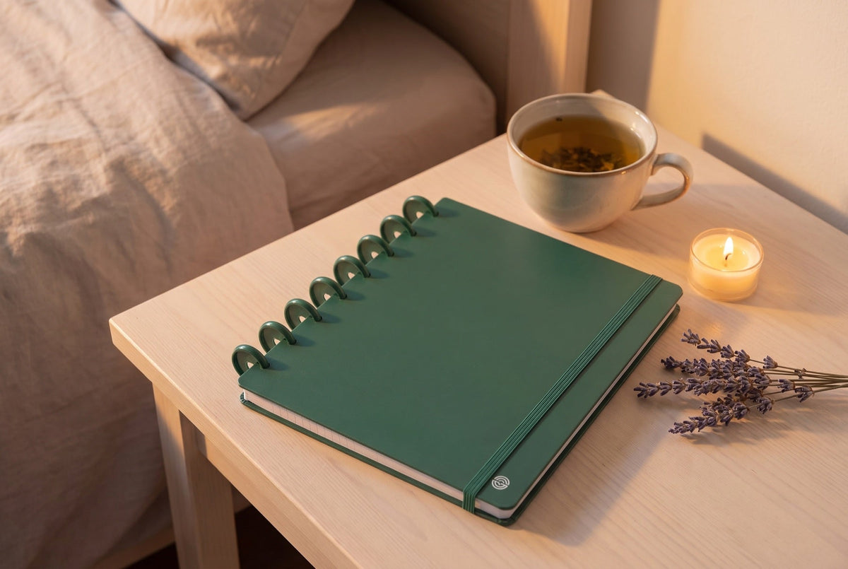 Carnet Mylibup vert posé sur une table de chevet en bois clair, avec une tasse de tisane, une petite bougie allumée et un brin de lavande séchée