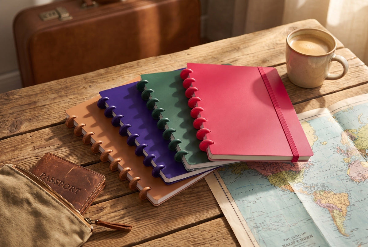 Carnets Mylibup en éventail posés sur une table en bois à côté d'une carte du monde, d'une pochette à passeport et d'une tasse de café, valise en cuir en arrière-plan