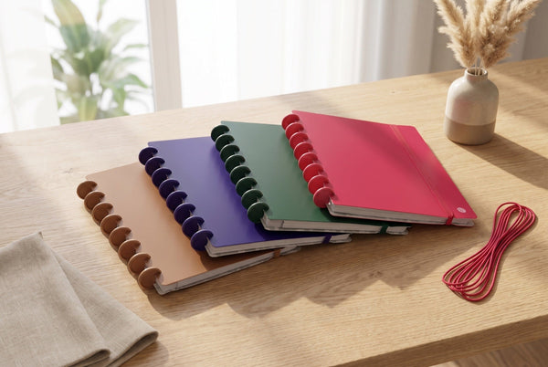 Quatre carnets Mylibup en éventail (camel, violet, vert, framboise) sur une table en bois près d'une fenêtre, avec un vase de fleurs séchées et un élastique