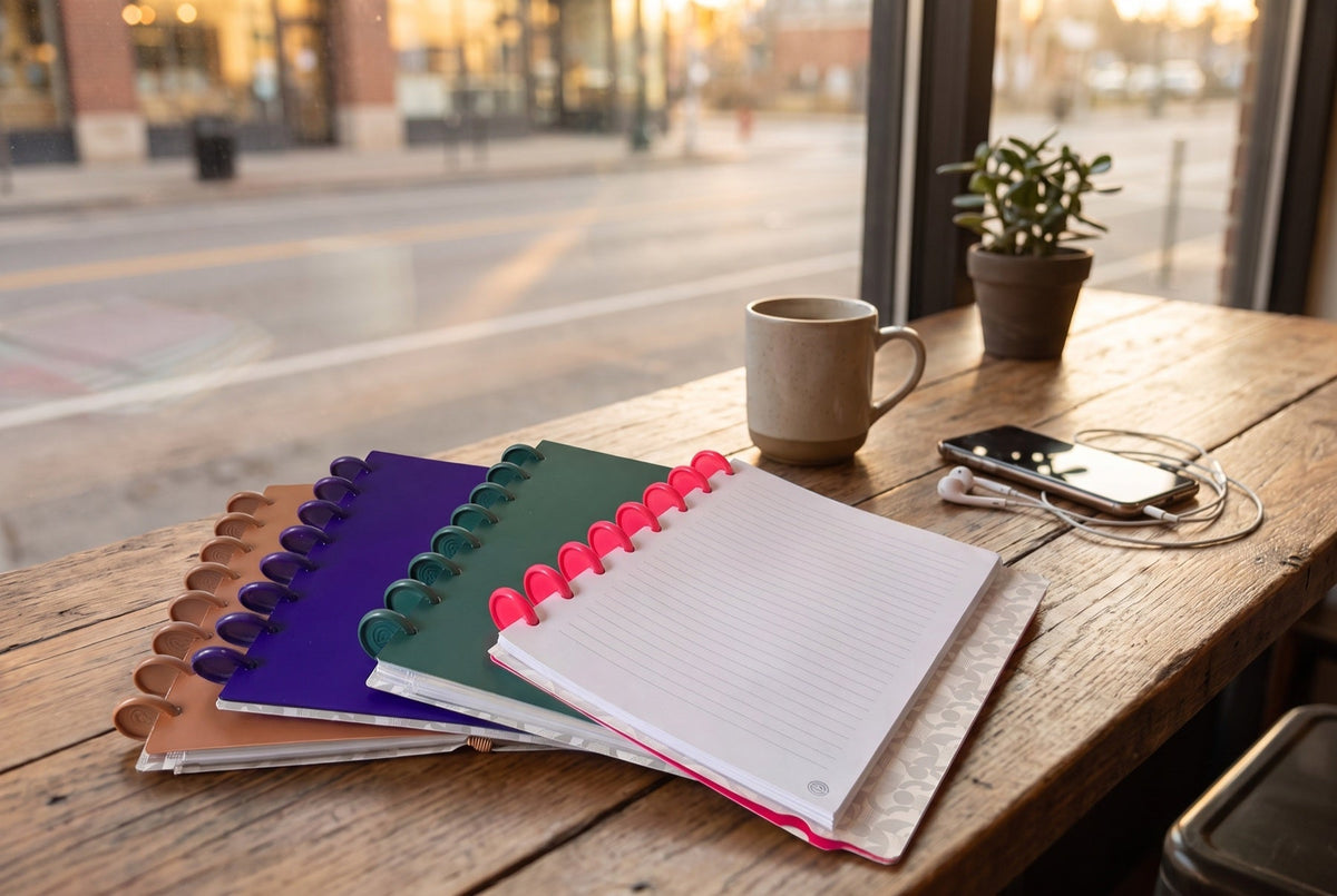 Carnets Mylibup en éventail sur une table de café près d'une vitrine, avec une tasse, un téléphone et des écouteurs, lumière de fin d'après-midi