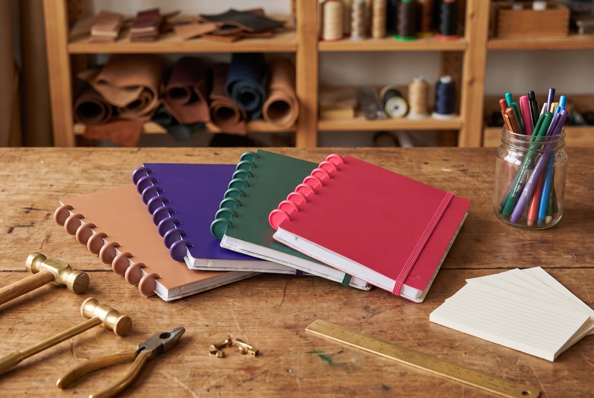 Carnets Mylibup en éventail (camel, violet, vert, framboise) sur un établi en bois d'atelier, avec des outils en laiton, des fiches vierges et un pot de crayons de couleur