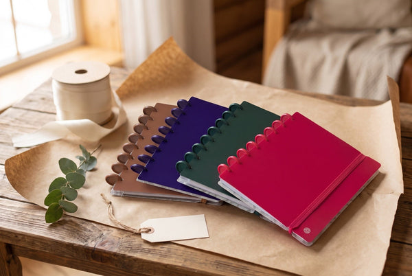 Quatre carnets Mylibup en éventail (camel, violet, vert, framboise) sur du papier kraft, avec une bobine de ruban, une branche d'eucalyptus et une étiquette cadeau vierge