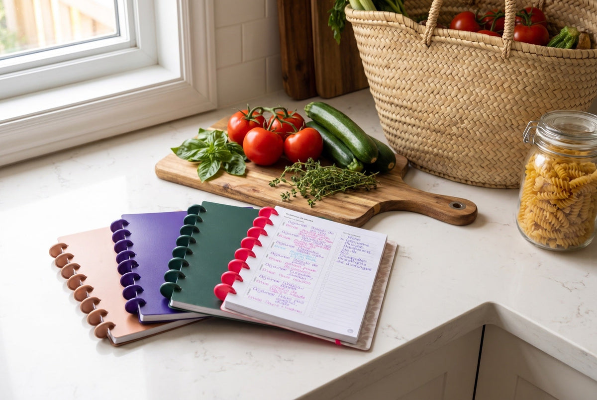 Quatre carnets Mylibup en éventail sur un plan de travail de cuisine, le dernier ouvert sur un planning de repas, avec des légumes frais, une planche en bois et un panier en paille