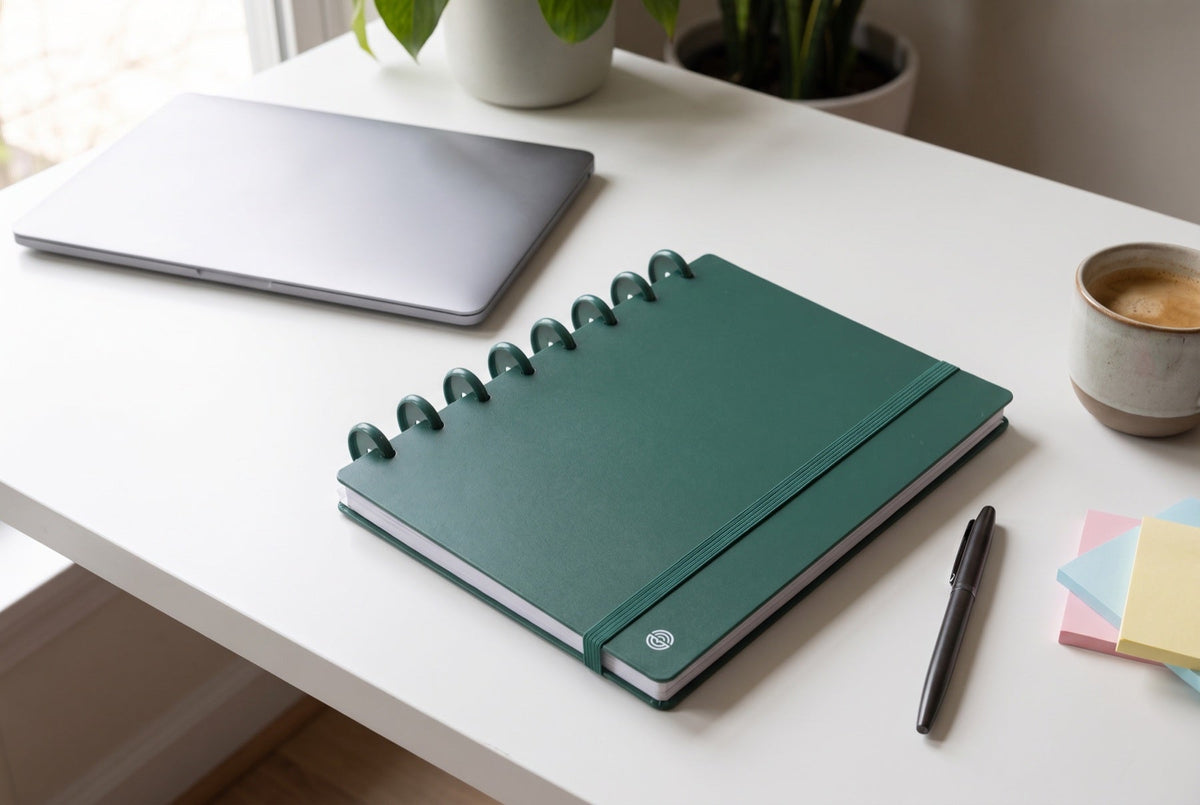 Carnet Mylibup vert fermé sur un bureau blanc, avec un ordinateur portable fermé, une tasse de café, un stylo et des notes adhésives pastel