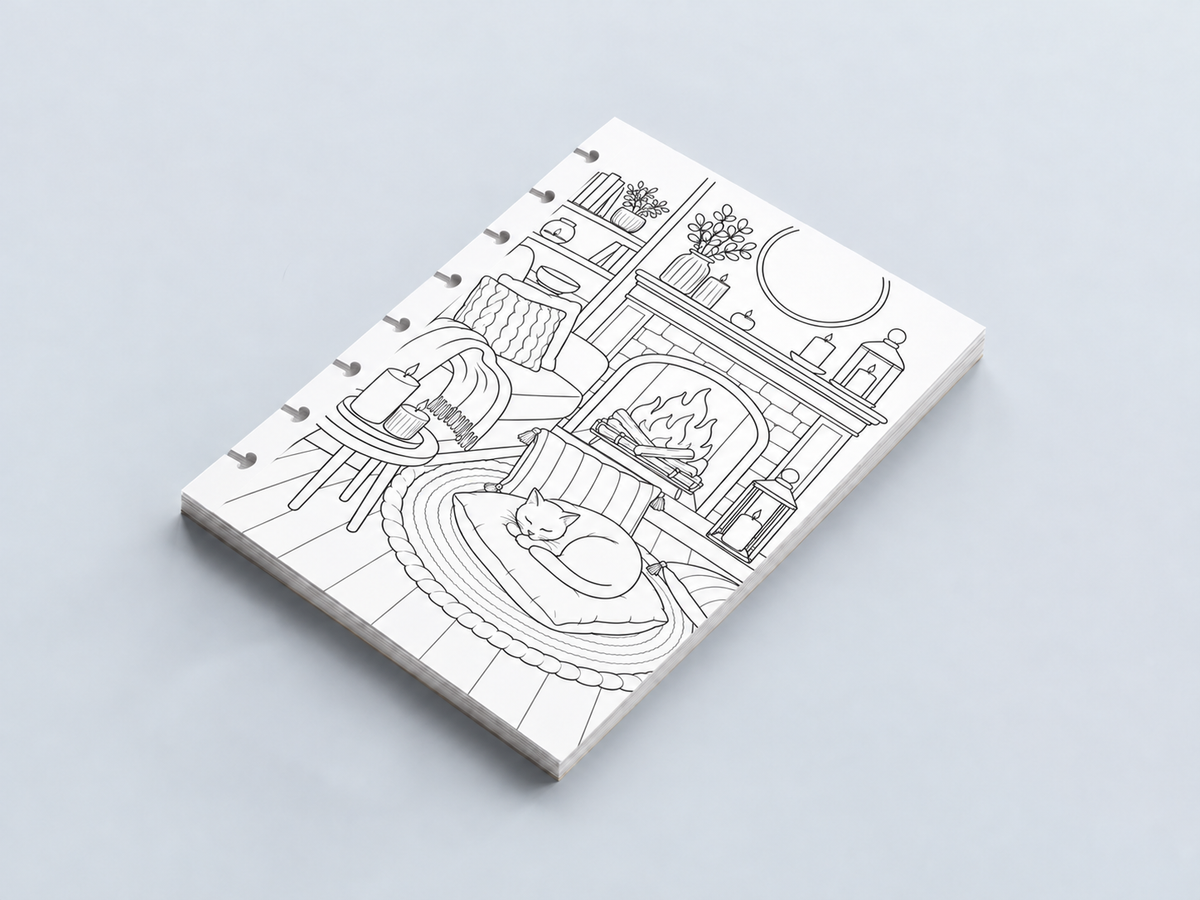 Coloriages Hiver A5 – cheminée et chat – découpes champignon