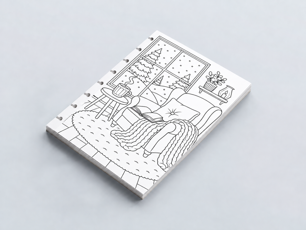 Coloriages Hiver A5 – fauteuil et paysage enneigé – découpes champignon