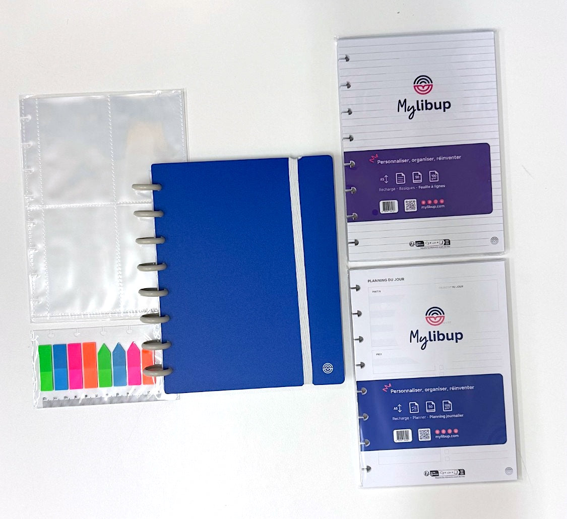 Pack commercial : carnet Mylibup A5 couverture cobalt, disques et élastique gris lunaire